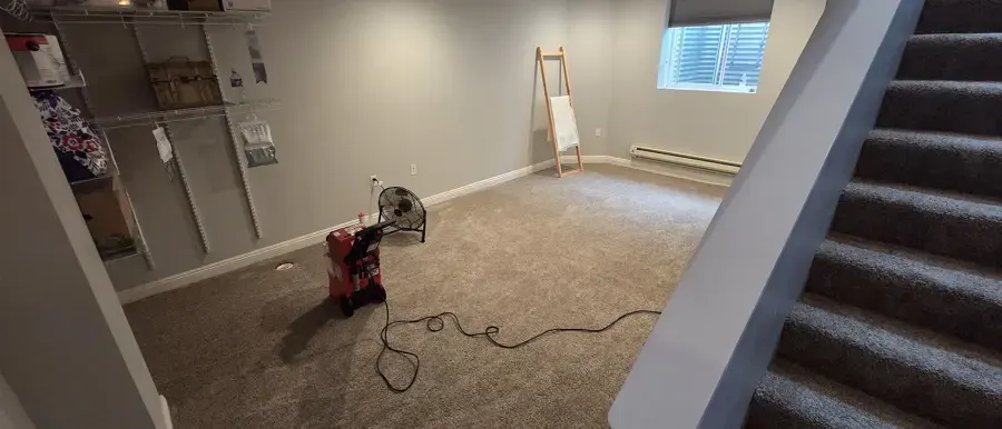 Air mover drying a lower level after the carpet came out in Huntington Station, NY