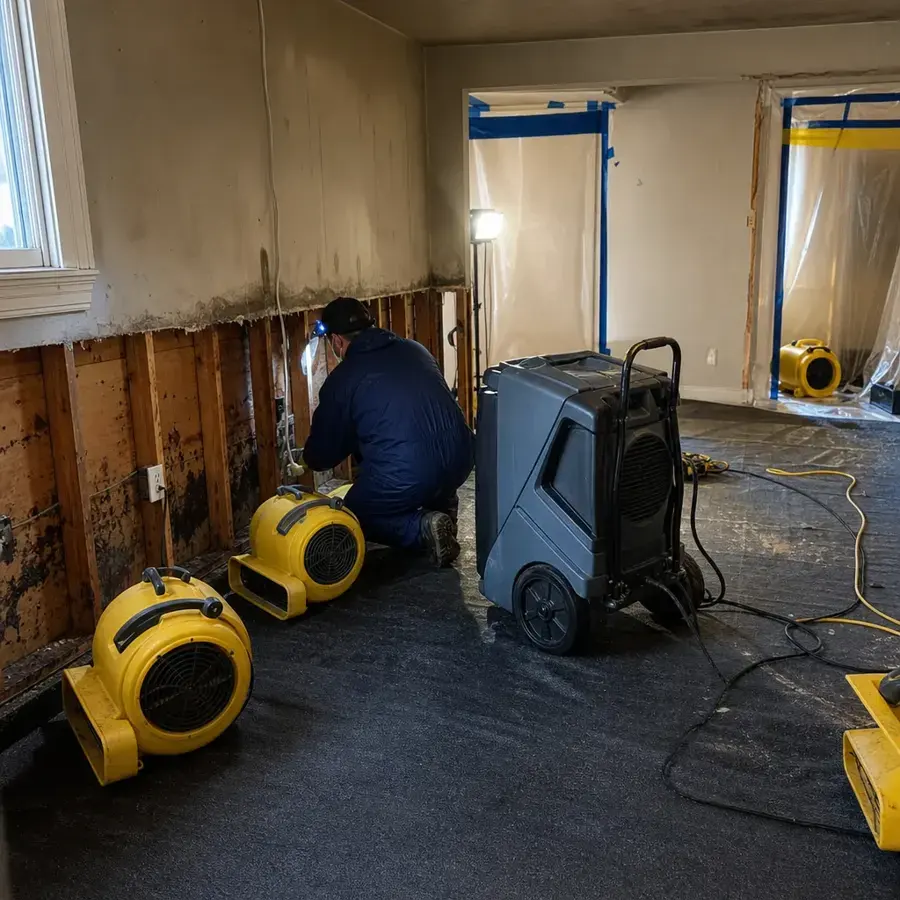 Basement opened up with air movers and a dehumidifier running in Huntington Station, NY