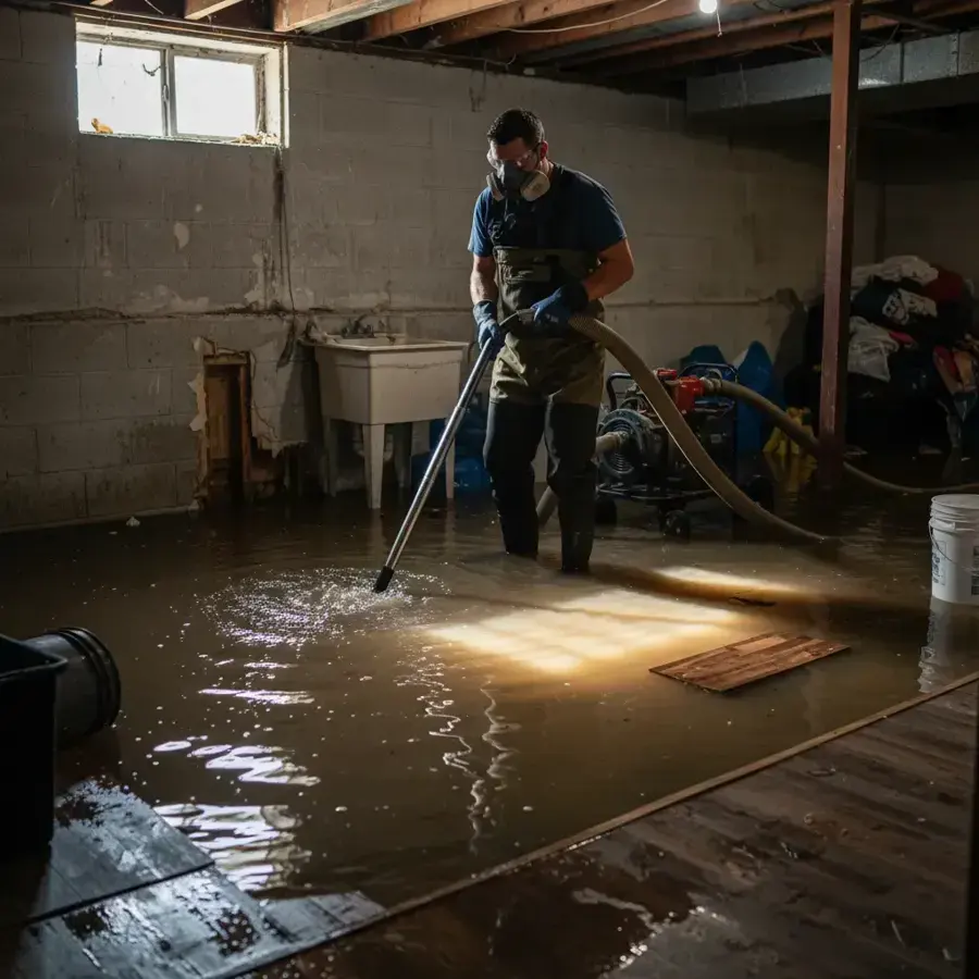 Standing water being cleared from a flooded basement in Huntington Station, NY