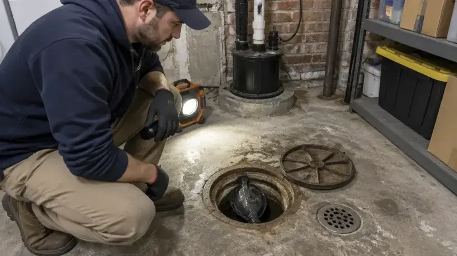 Technician checking a basement floor drain after a backup in Huntington Station, NY