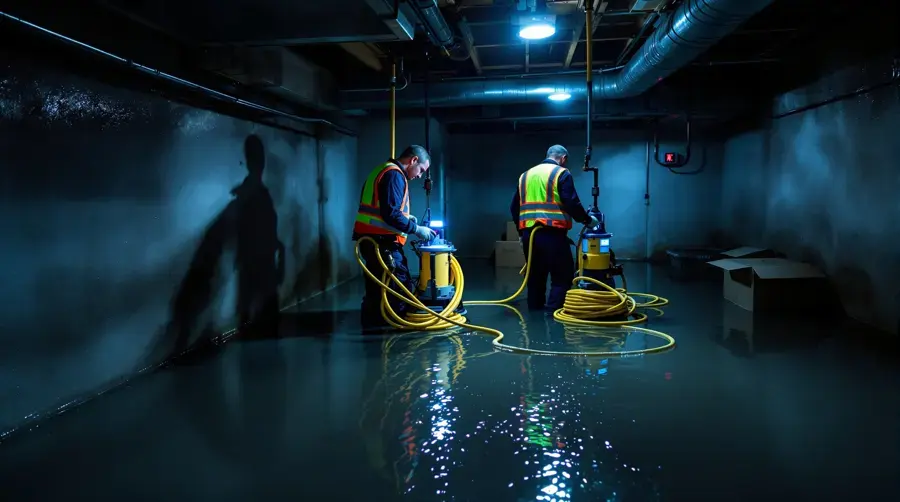 Crew pumping water out of a flooded basement after a sump failure in Huntington Station, NY