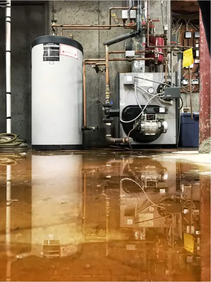 Water spreading across a basement floor from a water heater in Huntington Station, NY
